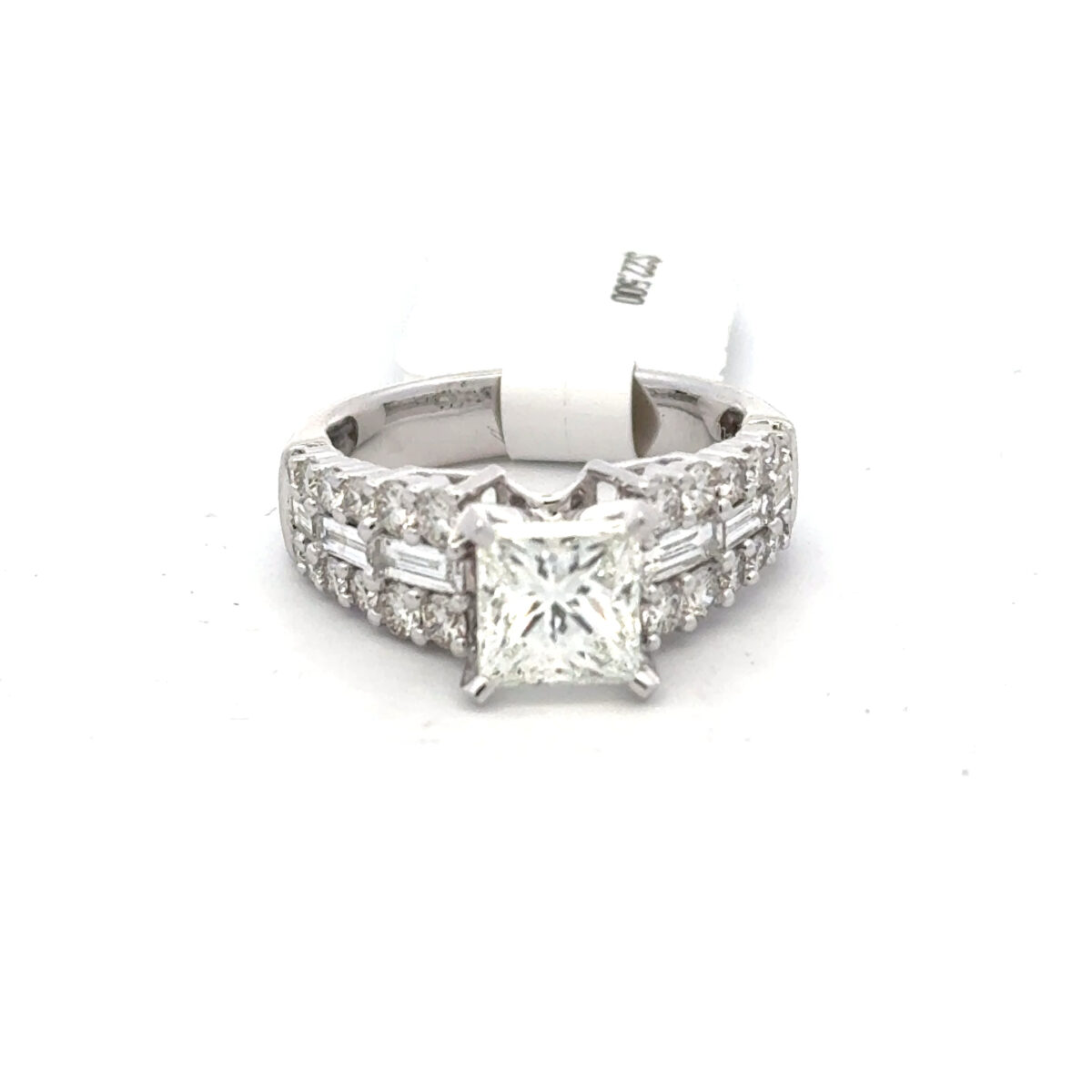 14 kt white gold Princess Cut Diamond Engagement Ring with 3.45 cts tw w/ Baguette & Round Side Diamonds