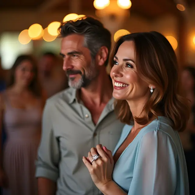 Couple smiling, women wearing diamond earrings and ring.