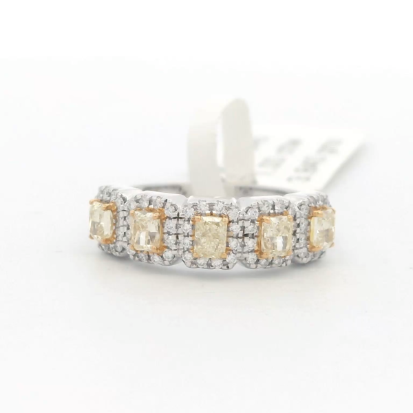 14Kt WG Radiant Ring with 1.00 cttw of Natural Yellow & White Diamond Halos