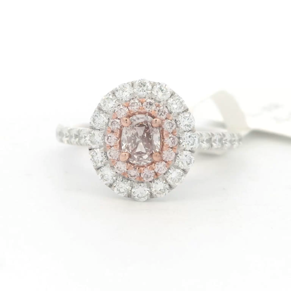 14Kt WG/RG Oval Engagement Ring with Double Halo 1.25 cttw Natural Pink & White Diamonds