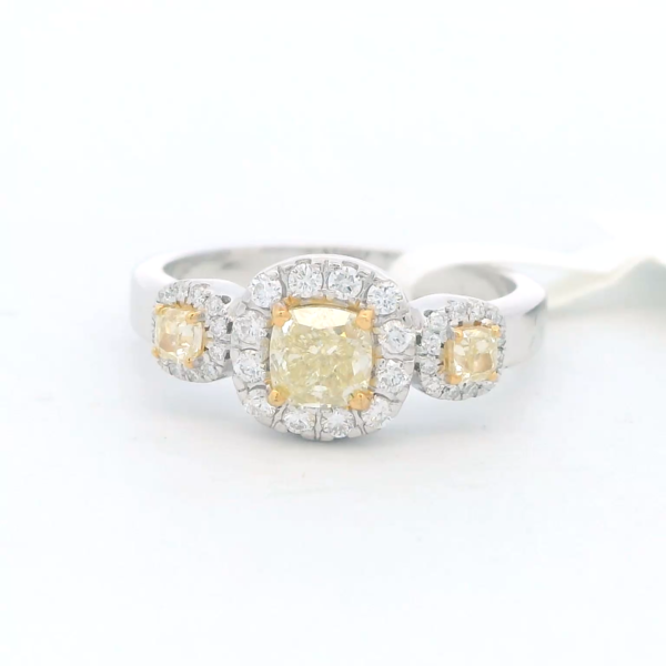 14Kt WG 3 Stone Engagement Ring with 1.10 cttw of Natural Yellow Cushion Diamonds & White Halos